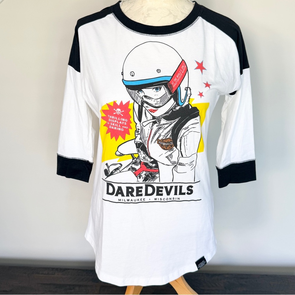 Harley Davidson Museum NEW Women’s Dare Devils 3/4-Sleeve Raglan Baseball Top